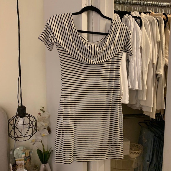 SOLD Delacy Navy White Striped Off Shoulder Dress - Picture 3 of 5